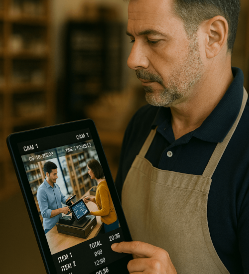 business-owner-reviewing-security-footage-on-ipad Business owner reviewing security footage on tablet